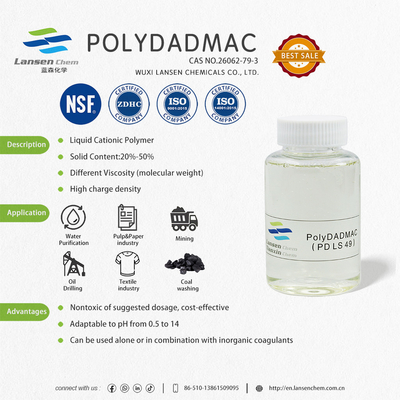 Tipo líquido Agente de tratamento de água potável Polydadmac Coagulante Amplo espectro de aplicabilidade Não tóxico Amigável ao ambiente Seguro