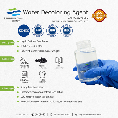 Agente de descoloração de água PolyDCD Dicyandiamide Formaldeído Resina Quaternária Amônio Cationic Copolímero Excelente eficácia na descoloração, floculação e remoção de COD